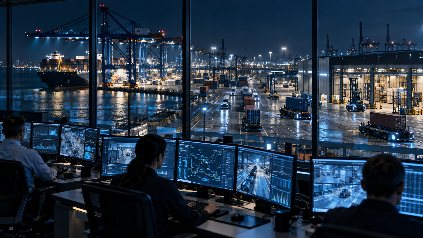 Supply-chain operations center overlooking an active container terminal